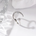 Close-up of adjustable silver moon and star open ring with sparkling zircon stones - Silver Moon