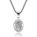 Silver stainless steel Saint Michael oval pendant with a sturdy box chain necklace - Steel Silver Pendant With Box Chain