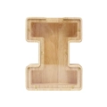 Letter I shaped wooden money box with transparent acrylic panel and visible screws - Letter I