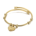 Golden stainless steel twisted open bangle with round beads and heart charm pendant - Gold Style (KB117263-Z)