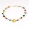 Gold 18K stainless steel bracelet with colorful evil eye beads and letter I pendant - Letter I