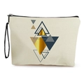 Portable canvas cosmetic bag with blue and gold geometric triangles and black wristlet - Geometric Triangle (Style 1)