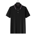 Close-up of black polo shirt collar with red, white, and blue stripe detail and buttons - S / Black