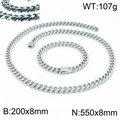 Silver stainless steel Cuban link necklace and bracelet set 107g with snap clasp - 8mm Silver Color Set (KS141813-Z)