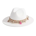 Classic white wide brim felt fedora hat with bohemian woven band and colorful tassels - White