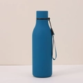 Blue matte stainless steel sports water bottle with matching carry strap handle - Rubber Paint Denim Blue with Strap