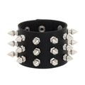 Punk black leather wide bracelet featuring triple rows of silver cone studs with snap closure - Black