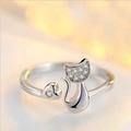 Silver adjustable cat ring with zircon stones and heart detail on a leather base - Cat No.3 with Zirconia