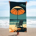 Double-sided velvet beach towel with vintage Hello Summer design and beach landscape - B25-Vintage Illustration Umbrella and Beach Chair