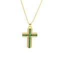 Detailed view of a gold cross pendant necklace with green and white cubic zirconia - Green (DN240556-G)