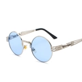 Steampunk round sunglasses with silver metal frame, blue lenses and spring temple design - Silver Frame Ocean Blue C31