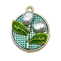 French vintage enamel flower pendant with pearls and golden base for DIY jewelry making - Blue-Green Pearl Leaf-22070