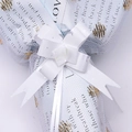 White 15# pull bow ribbon with silver stars on gift wrap with lace and script - Pentagram White