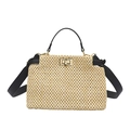 Chic beige straw woven tote bag with black leather straps and gold twist-lock closure - Black