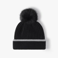 Berretto in maglia nera spessa da donna con pompon soffice e risvolto a righe grigie - Nero