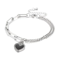 Silver stainless steel bracelet with paperclip links and black heart lock pendant - Silver Patchwork Bracelet-Black Heart Lock (KB165599-Z)