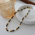 Tiger eye beaded necklace with multicolor cylinders and golden adjustable chain - Tiger Eye Green White Round Beads Necklace (XL0283)
