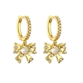 Elegant gold hoop earrings with bow and heart pendants pavé-set with pink zircons - Gold Bowknot 1 Pair