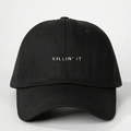Close-up of white 'KILLIN IT' embroidery on high-quality black cotton baseball cap - One Size / Black