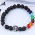 Vulkanisches Lavastein-Armband mit bunten Perlen und silbernem Löwenkopf-Anhänger - Löwenkopf / Schwarz/Mehrfarbig