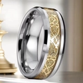 Polished silver stainless steel ring with golden Celtic dragon inlay design 8mm band - US 7