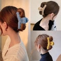 Plush faux fur shark hair claw clips in blue, beige, and yellow for autumn and winter - Yellow Blue Khaki Plush Hair Claw 3-Piece Set