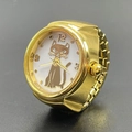 Golden watch ring with 3D cat design on dial and flexible metal elastic band - Gold
