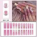 Pink and white long square press-on nails with 3D floral design and crystal accents - SGCY-269 / Glue Type