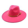 Detail of fuchsia wool jazz hat showing the brown leather band and gold buckle - M / Rose Red
