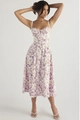 Detail view of the elegant floral spaghetti strap dress with corset bodice and purple flowers - S / Bottoms / White Purple Floral