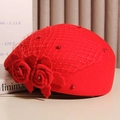 Elegant red wool beret with floral rose decoration and mesh veil for women winter - M (56-58cm) Adjustable / Red