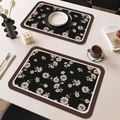 Floral print black leather placemat set with elegant beige flowers and brown border - Square Rounded / 4 Pieces / French Vintage Style-H