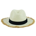 Detailed texture of beige woven straw hat with black ribbon and fringed brim detail - Ribbon Style / Milky White With Ribbon
