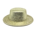 Macro shot of shimmering gold sequin finish on a classic flat top boater party hat - Light gold