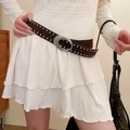 Ceinture vintage en cuir marron foncé avec rivets argentés et boucle ovale - 124# Boucle ovale à rivets argentés à double rangée marron
