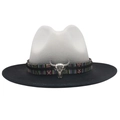 Vintage western cowboy hat in grey and black wool felt with a metal bull skull ornament - M (56-58cm) / White + Black