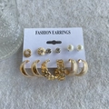 Golden 6-pair earring set featuring hoops with pearls and rhinestones on a card - KC Gold (4511)