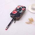 Three-layer canvas clutch with rose floral print and wristlet strap in navy blue - Red Peony