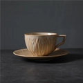Retro beige ceramic coffee cup with textured hand-carved leaf patterns and unique handle - 202-c Luanfeng Coffee Mug + Saucer Khaki 250ml (pearl Cotton Packaging) / Universal