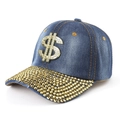 Casquette de baseball en jean délavé bleu avec strass dorés et symbole du dollar brillant - Bleu Moyen