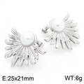 Silver sunflower style stainless steel stud earrings with white pearl center - Steel Medium Sunburst Style (KE115227-KFC)