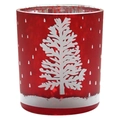 Red Christmas candle holder featuring white snowflake and tree patterns on glass - Red Silk Screen Christmas Tree