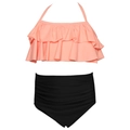 Two-piece girls swimsuit with coral pink ruffle top and high-waisted black bikini bottoms - 104 / Coral Double Ruffle Ruched Pants Set