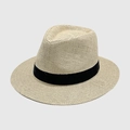 Beige woven fedora paper straw hat with black ribbon band for women and children - Beige