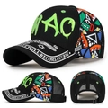 Black baseball cap with green WAO embroidery and colorful geometric mesh patterns - Adjustable / Black Mesh Front