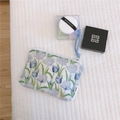 Detail of blue tulip floral canvas pouch with simple wish label and braided wrist strap - Light Blue Tulip