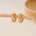 Detail of gold hoop earrings with rectangular zircons and milgrain edges on wood - Rectangular Zirconia Row(EH410017)