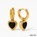 Orecchini a cerchio in acciaio dorato con ciondoli a cuore nero, stile minimalista - Orecchini d'Oro + Zirconia Nera (KDE1140)
