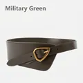 Army green wide leather corset belt with a matte gold triangle buckle and adjustable holes - Army Green