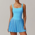 Bright blue tennis dress with sleeveless square neck and pleated skirt for fitness - S / Lake Blue